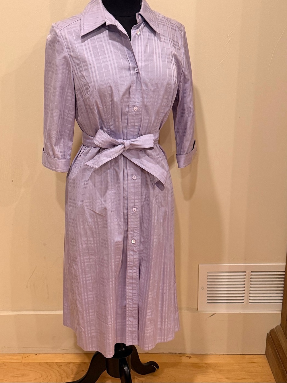 Burberry Lilac Button-Front Midi Dress with Self Tie